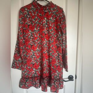 Red Floral Ruffle Hem Dress